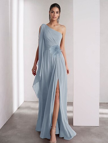  Vestito da Sera A-Line Spalla Unica Blu Rosa Chiffon Piuma Vestito Elegante Formale Lunghezza Piena Senza Maniche Ruches Sciarpa