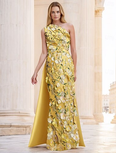 Schlauchkleid Abendkleid Elegant Kleid Formell Hochzeit Bodenlang Ärmellos Ein-Schulter Satin mit Schlitz Stickerei Applikationen 2025