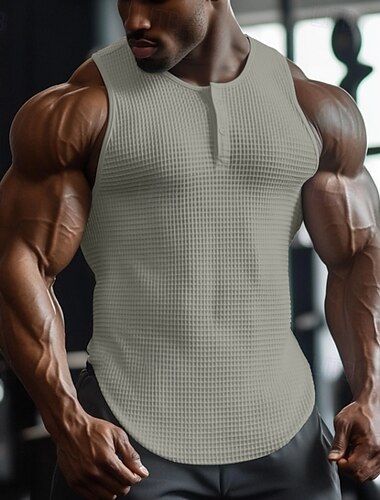  Herren Waffel-Tanktop Henley Hemd Weste Unterhemd Ärmellos Henley Sommer Einfach Mode Designer Muskel Knöpfe Outdoor Ausgehen Fitnessstudio Schwarz Weiß Hellblau Top T-Shirt für Herren