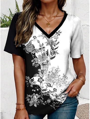  Dames T-shirt Bloemig Grafisch Vintage Stijlvol Etnisch Korte mouw V-hals Normale tops Dagelijks Uitgaan Strand Kleding Afdrukken Zwart en wit Zomer Lente