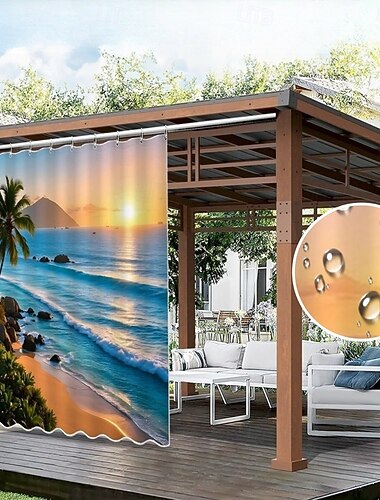 Vattentät utomhusgardin för integritet rullgardin för uteplats pergolagardiner med ögla 3D landskap hav strand för gazebo balkong veranda fest 1 panel   Vattentät utomhusgardin för integritet rullgardin för uteplats pergolagardiner med ögla 3D landskap hav strand för gazebo balkong veranda fest 1 panel