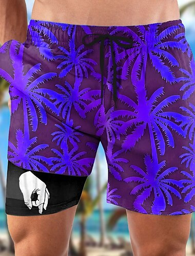  Herren Kokospalme Lustige Gesten Gefütterte Shorts 2 in 1 Badeshorts Badeshorts Mittlere Taille Hawaiianisch Urlaub Strandbekleidung Seitentaschen Mit Kompressionsfutter Elastischer Kordelzug in der