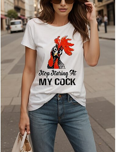  Women's T Shirt Cotton Shirt Graphic Animal Rooster Casual Short Sleeve Crew Neck Round Neck Regular Tops Daily Print Black White Gray Summer Spring