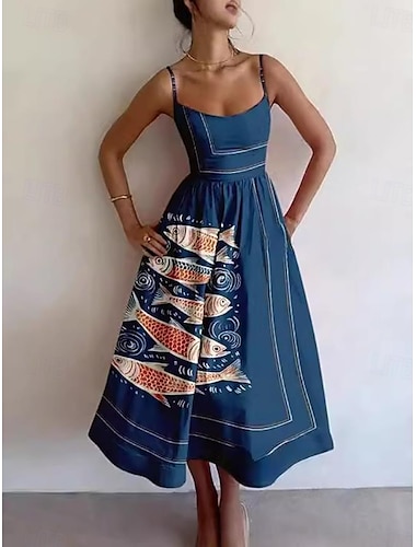  Damen Midikleid Etui-Kleid Urlaub Lässig Formell Party Grafik Tiermotiv Fisch Ärmellos Spaghettiträger Weiß+Schwarz Blau Weiß Weiß Rote Sommer Frühling