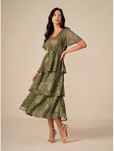  Damen Maxikleid A Linie Kleid Elegant Formell Flattrige Ärmel Hochzeitsgast Cocktailparty Normale Passform Einfach Kurzarm V Ausschnitt Olive Sommer