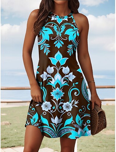  Damen Minikleid Sommerkleid Urlaub Lässig Täglich Normale Passform Blumen Grafik Ärmellos Neckholder Gelb Rote Blau Sommer