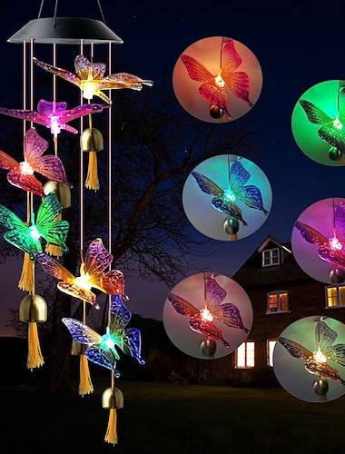  1 st. buitenzonne-energie paarsgele vlinder windgonglamp met bel en kwastje voor binnenplaats, tuin, veranda, balkon, landschapsverlichting, decoratieve verlichting