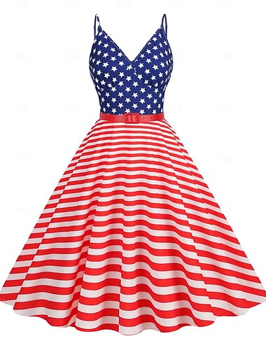  250e jubileum VS Jaren '50 Retro vintage Middag Jurken Mouwloos Halster Amerikaanse Vlag V-hals Kostuum Dames 250e jubileum VS 4 juli Feest Volwassenen Kleding Lente zomer