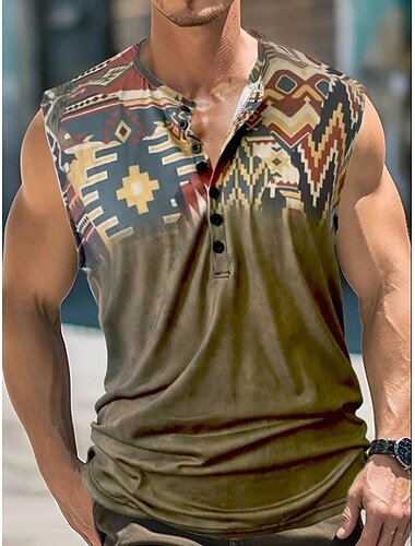  男性用 ビンテージ タンクトップ ヘンリーシャツ ノースリーブ ヴィンテージ ファッション デザイナー アウトドア カジュアル 日常 夏 春 & 秋 カーキ色 ヘンリー ヘンリーTシャツ