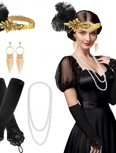  20. léta 20. století Velký Gatsby Bubenová čelenka Korálkový náramek Náušnice Velký Gatsby Peří Retro Třpytivý lesk Dámské Karneval Valentýna Plesová maškaráda Párty večerní šaty Plesová maškaráda