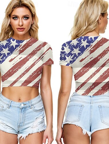  Unabhängigkeitstag 4. Juli USA Flagge T-Shirt Bauchfreies Top Manga USA Flagge Grafik Für Damen Erwachsene Maskerade 4. Juli 3D-Druck Festival