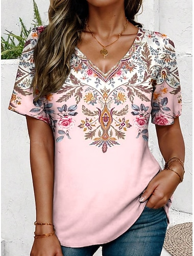 Mujer Camiseta Floral Graphic Geométrico Bohemia Vintage Elegante Manga Corta Escote en Pico Tops regulares Diario Noche Ropa de playa Estampado Rosa Verano