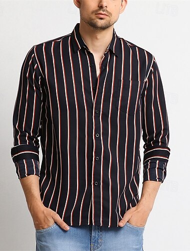  Herren Hemd Sommerhemd Freizeithemd Strandhemd Knopfhemd Schwarz Rote Braun Dunkelblau Schwarz+Weiß Langarm Streifen Revers Urlaub Hawaiianisch Tasche Bekleidung Polyester Mode Lässig Bequem