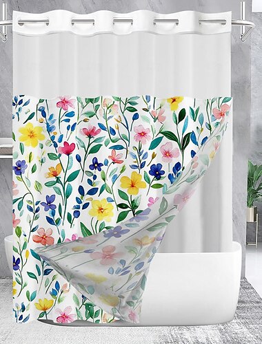  Duschvorhang ohne Haken 200 cm hoch waschbar mit Snap-in Polyesterfutter transparenter oberer Fenster wasserdichter doppellagiger Badewannenvorhang mit Blättermuster