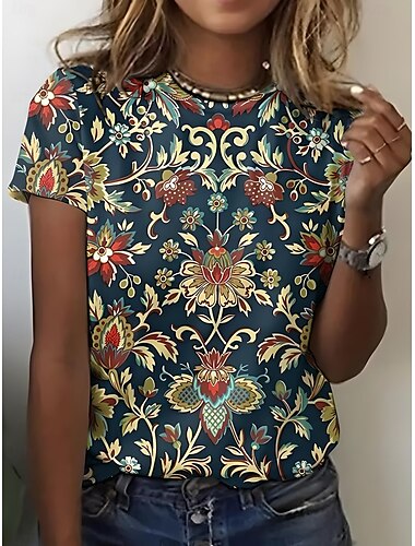  Dames T-shirt Grafisch Paisley Vintage Stijlvol Casual Korte mouw Strakke ronde hals Normale tops Dagelijks Weekend Strand Kleding Afdrukken Black + White + Red Zwart Blozend Roze Donkergroen Bruin