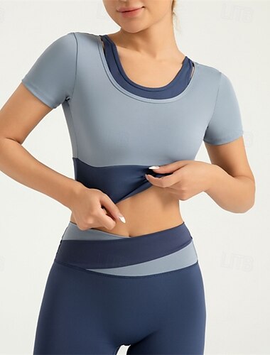  Damen Yoga Top Rundausschnitt Atmungsaktiv Patchwork Kurzarm Sport Einfarbig T-Shirt Oberteil Für Laufen Fitness Yoga Lässiger Schnitt Sportkleidung