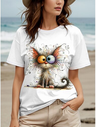  Damen T Shirt Grafik Tiermotiv Katze Vintage Stilvoll Klassisch Kurzarm Rundhalsausschnitt Rundhals Normale Oberteile Täglich Wochenende Druck Weiß Sommer Frühling