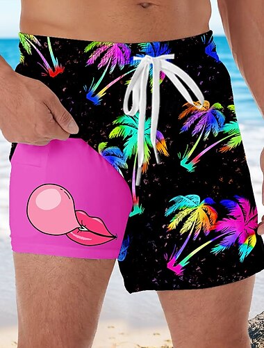  Herren Kokospalme Tropische Pflanzen Kaugummi Gefütterte Shorts 2 in 1 Badeshorts Badeshorts Mittlere Taille Hawaiianisch Urlaub Seitentaschen Mit Kompressionsfutter Elastischer Kordelzug in der