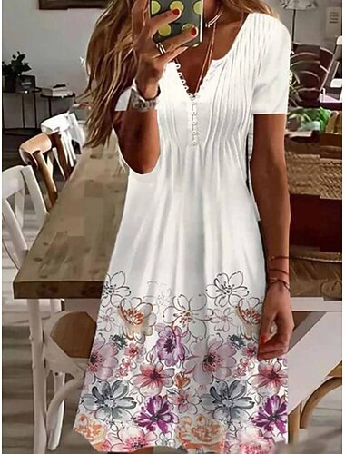  Dámské Mini šaty Áčkové šaty Letní šaty Na běžné nošení Denní Běžný Grafika Krátký rukáv Vroubkovaný krk Černá Bílá Světlá růžová Trávová zelená Léto