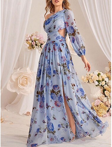  Hochzeitskleider A-Linie Ein-Schulter Langarm Bodenlang Chiffon Brautkleider Mit Falten Blume 2025