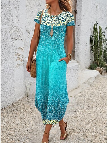  Femmes Robe Midi Robe T-Shirt Robe d'été Vacances Boho Chaussures de plage Quotidien Coupe régulière Graphique Tribal Abstrait Manche Courte Col ras du cou Bleu Roi Bleu Violet Orange Été