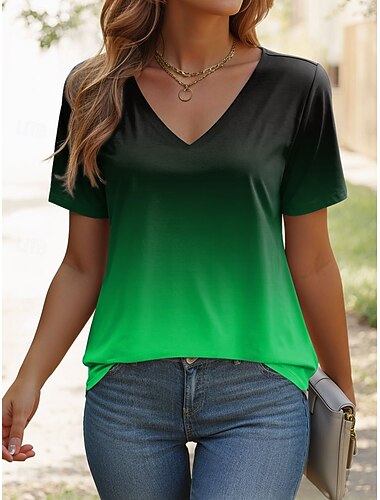  Dames T-shirt Ombre Grafisch Stijlvol Casual Korte mouw V-hals Normale tops Dagelijks Afdrukken Rood blauw Paars Groen Zomer