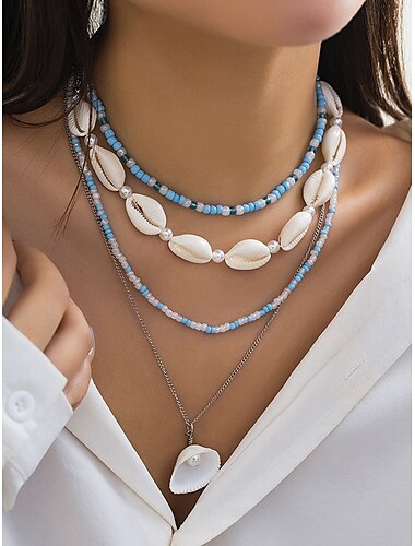  Damen-Halskettenset im Boho-Stil mit Muscheln und Perlen – türkisfarbener Anhänger im Strandstil und goldene Charms für Sommerferien und Festivals