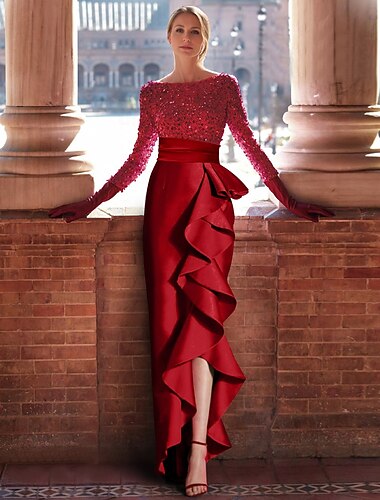  Vestido de noche elegante de corte A en rojo y verde, vestido formal largo hasta el suelo, manga larga, cuello joya, satén con volantes, abertura, vestido de mascarada 2025