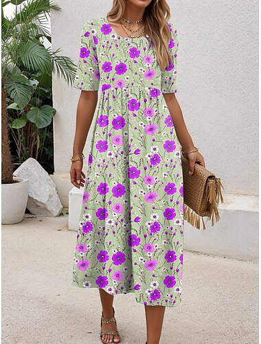  Damen Minikleid T-Shirt-Kleid A Linie Kleid Sommerkleid Urlaub Lässig Täglich Normale Passform Blumen Grafik Kurzarm Rundhalsausschnitt Blau Purpur Grün Sommer