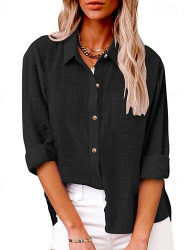  Mujer Camisa Camisas de algodón y lino Abotonar Blusa Plano Básico Moderno Manga Larga Cuello Camisero Tops regulares Festivos Noche Botones Bolsillo Negro Blanco Rosa Verde Ejército Azul Marino