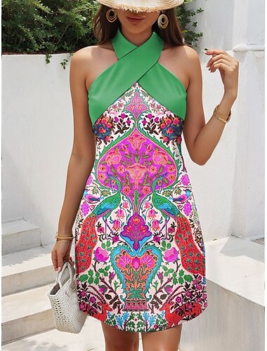  Damen Minikleid Sommerkleid A Linie Kleid Urlaub Lässig Outdoor Ausgehen Strand Normale Passform Blumen Grafik Paisley-Muster Ärmellos Neckholder Hellgrün Blau Dunkelgrün Sommer