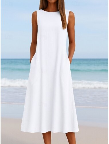  Per donna Abito Midi Abito Bianco Vestito Casual Vestito Canotta Abito Estivo Moda Essenziale Moderno Quotidiano Spiaggia Weekend Vestibilità regolare Semplice Senza Maniche Girocollo Bianco Estate