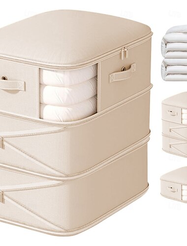  Compressie opbergzakken - 135l grote opbergzak voor dekbedden, 3-laags wasbare, ultra ruimtebesparende zelfcomprimerende organizer met ruimtezakken voor dekens, truien, lakens, beige
