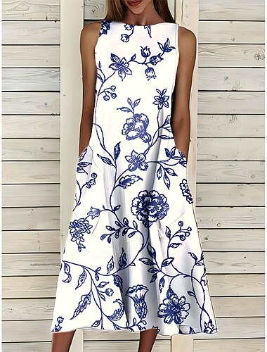  Per donna Abito Midi Vestito Estivo Abito a trapezio Abito Estivo Vacanza Casual cocktail Compleanno Quotidiano Ferie Vestibilità regolare Floreale Grafico Senza Maniche Girocollo Bianco Blu Azzurro