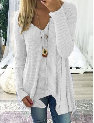  Femmes Chemisier Couleur Unie Élégant Occasionnel manche longue Col en V Hauts Réguliers Quotidien Ourlet asymétrique Blanche Rose Claire Kaki Gris Été Printemps