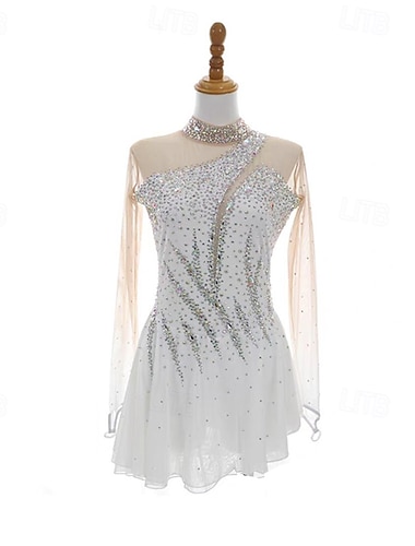  Kunstschaatsjurk Dames Voor meisjes Schaatsen Jurken Wit Lapwerk Duimopening Netstof Spandex Rekbaar Opleiding Oefenen Professioneel Kunstschaatskleding Thermisch Warm Kristal / Bergkristal Lange mouw