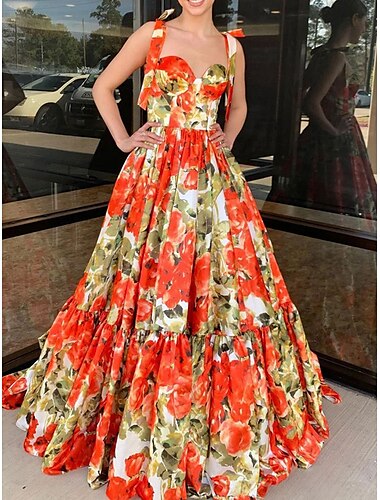  Aライン キンセニエラドレス エレガント ドレス 結婚式 結婚式ゲスト フロアレングス ノースリーブ スイートハートネック フローラルプリント 結婚式ゲストドレス