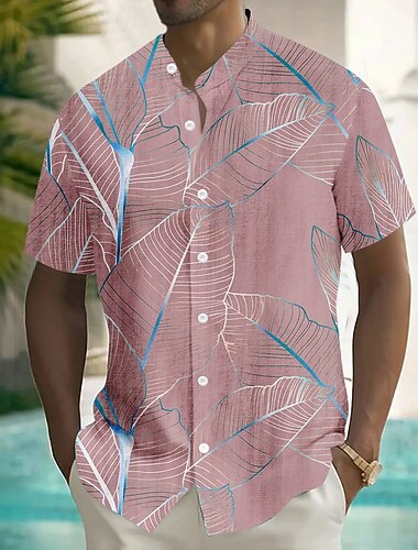  Men's Palm Leaf Tropical Plants Summer Hawaiian Shirt Button Up Shirt Stand Collar Shirt Short Sleeve Hawaiian Vacation Dailywear Beach Wear Summer Spring Mandarin Collar 3D Print Linen Like Shirt