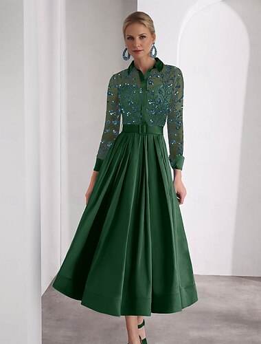 blaugrün bestickte A-Linien-Cocktailkleider, elegantes, formelles Hochzeitsgast-Kleid, knöchellang, langärmliges Hemdkragen-Satin mit Glitzerschlitz 2025