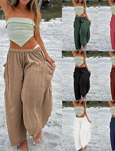  Dames Katoenen linnen broek broek Modieus Streetwear Volledige lengte Natuurlijk Effen Zak Elastisch ontwerp met trekkoord Comfortabel Voor buiten Buiten Vakantie Uitgaan Abrikoos Grijs Marineblauw