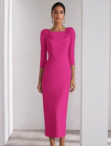  Blå Kjole  Kolonne Cocktail Kjoler Elegant Kjole Formell Bryllup Ankellengde 3/4 Lengde Ermer Rund Hals Stretch Crepe med Slisse