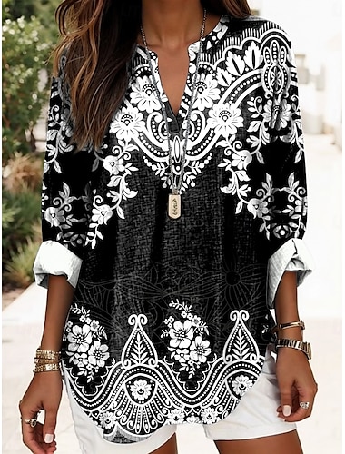  Dames Boho Blouse Grafisch Geometrisch Elegant Dagelijks Lange Mouw V-hals Reguliere Tops Dagelijkse Print Zwart Geel Rood Blauw Goud Zomer Lente