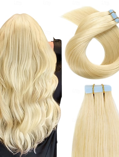  Extensions de cheveux humains Remy blonds 613# à bandes adhésives, cheveux lisses et sans couture, 45 cm, 50 g, 20 pièces