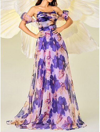  A-Linien Quinceanera Kleider Elegantes Kleid Hochzeit Hochzeitsgast Bodenlang Ärmellos Off-Shoulder Polyester Rückenlos mit Blumenmuster Hochzeitsgastkleid 2025