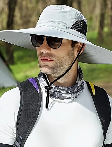  UV-beschermende buckethoed voor heren om te vissen &wandelen - sportieve brede rand zonnekap, beige met zwarte band, handwasbaar, lichtgewicht &ademend voor buitenavonturen