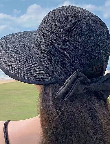  Sombrero de sol transpirable para mujer con lazo, diseño ahuecado, sombrero de paja, gorra de verano plegable con protección UV