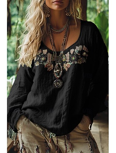  Dam västerländsk blus Boho skjorta Blus Blomma Modern Ledigt Boho Långärmad V-hals Vanliga toppar Helgdag Utekväll Mönster Svart Vin Blå Aprikos Sommar