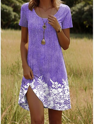  Damen Minikleid T-Shirt-Kleid A Linie Kleid Sommerkleid Lässig Täglich Normale Passform Blumen Grafik Kurzarm Rundhalsausschnitt Rosa Blau Purpur Grün Sommer Frühling
