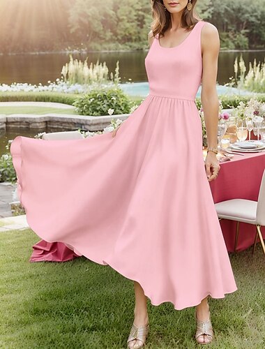  Damen Midikleid Sommerkleid A Linie Kleid Schulterfreies Kleid Urlaub Lässig Strand Outdoor Party Ausgehen Normale Passform Einfarbig Grafik Einfach Ärmellos U-Ausschnitt Weiß Rosa Wein Marineblau
