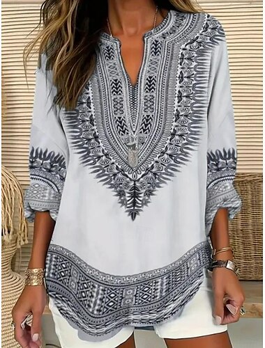  Damen Boho Bluse Grafik Geometrisch Paisley Elegant Bohemia Vintage Lange Ärmel V-Ausschnitt Reguläre Tops Alltagsdruck Schwarz Blau Hellgrau Beige Sommer Frühling